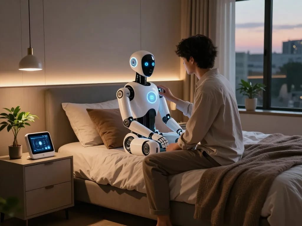 Person engaging with a lifelike sex bot in a stylish bedroom, showcasing modern companionship.
