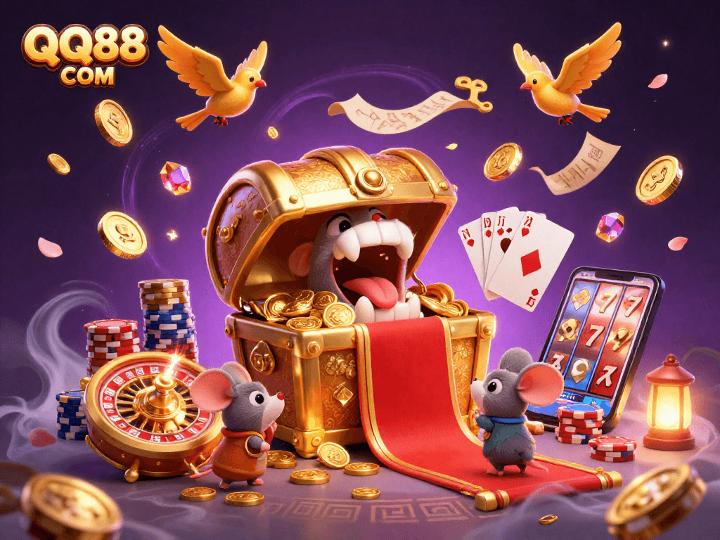 Engage with QQ88 COM's golden treasure chest adventure, featuring animated gaming elements and casino motifs.