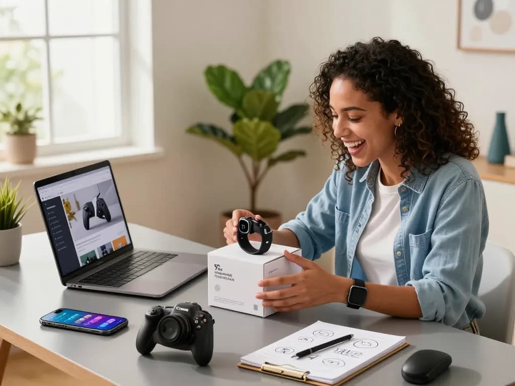 Discover innovative tech gadgets in a vibrant workspace with Bluetooth devices and a joyful user unboxing gadgets.