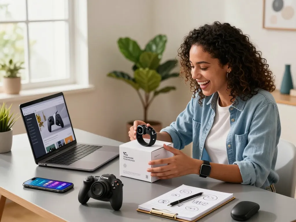 Discover innovative tech gadgets in a vibrant workspace with Bluetooth devices and a joyful user unboxing gadgets.
