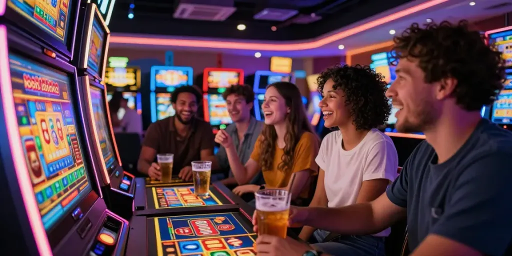Engaged friends celebrating at a casino slot machine, featuring rokok88 slot login in a vibrant, exciting atmosphere.