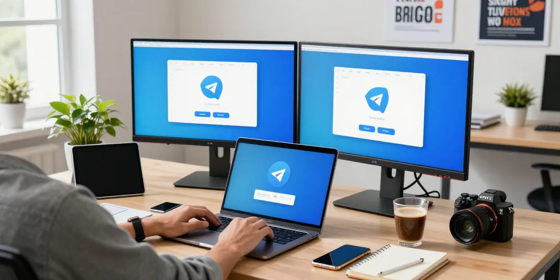 Download Telegram interface displayed on dual monitors in a tech workspace, emphasizing modern communication tools.