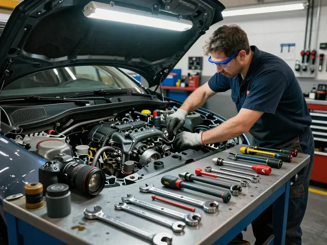 Meccanico al lavoro in officina con strumenti KS per riparazioni auto.