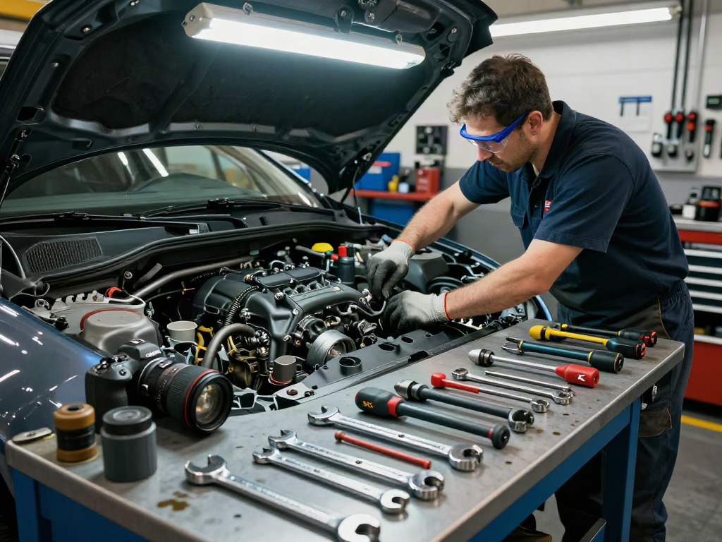 Meccanico al lavoro in officina con strumenti KS per riparazioni auto.