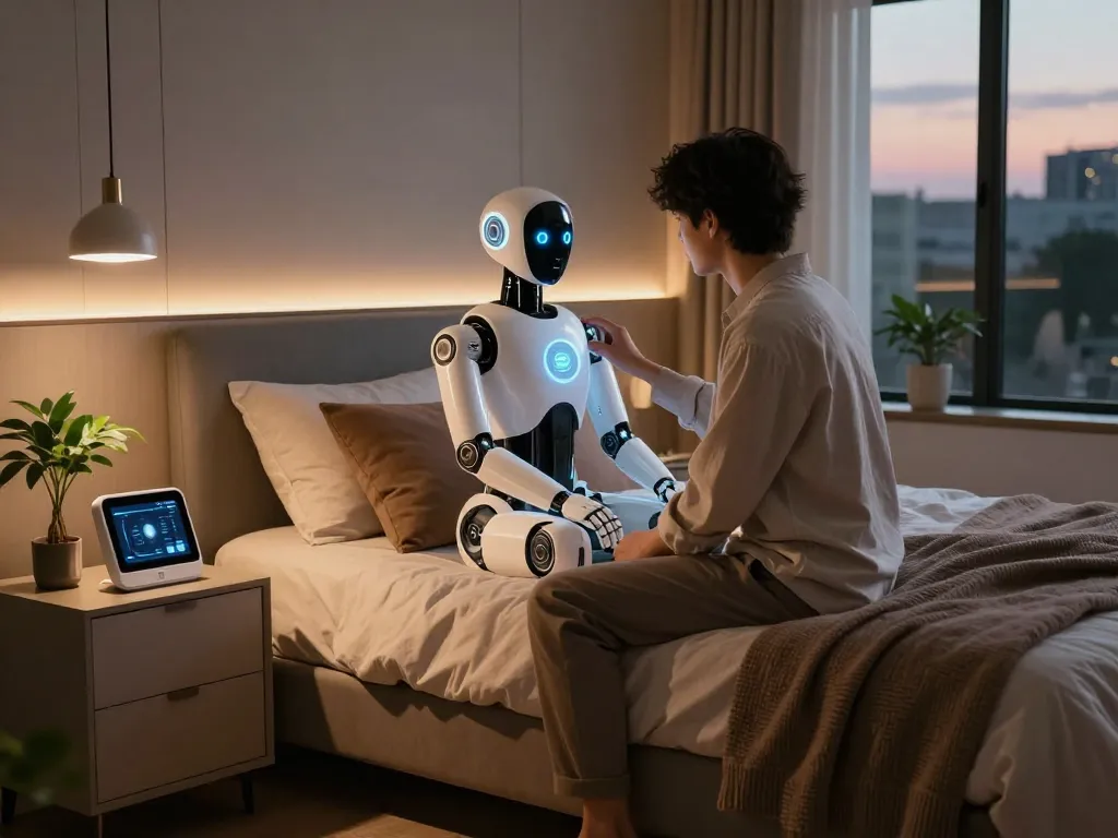 Person engaging with a lifelike sex bot in a stylish bedroom, showcasing modern companionship.
