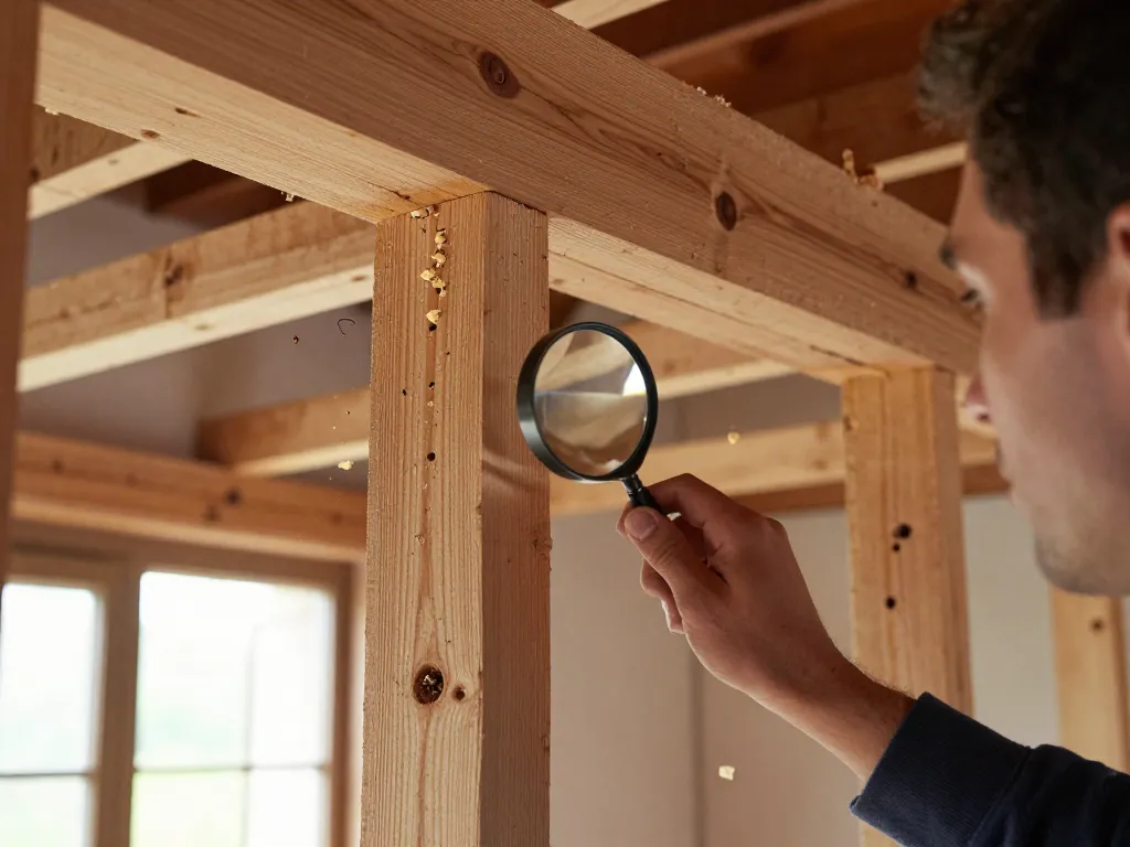 Infestazione di coleotteri del legno in travi di legno esaminata da un proprietario di casa con una lente d'ingrandimento, rivelando danni al legno.