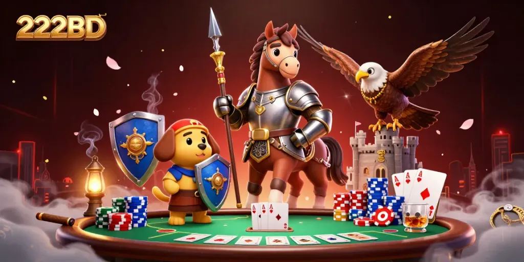 Engage in thrilling gameplay at 222BD with vibrant poker scene and medieval characters.