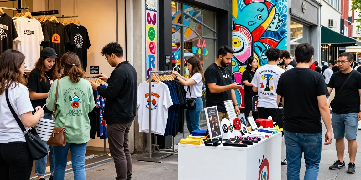 Shoppers engaging with rokok88 merchandise in a vibrant urban store.