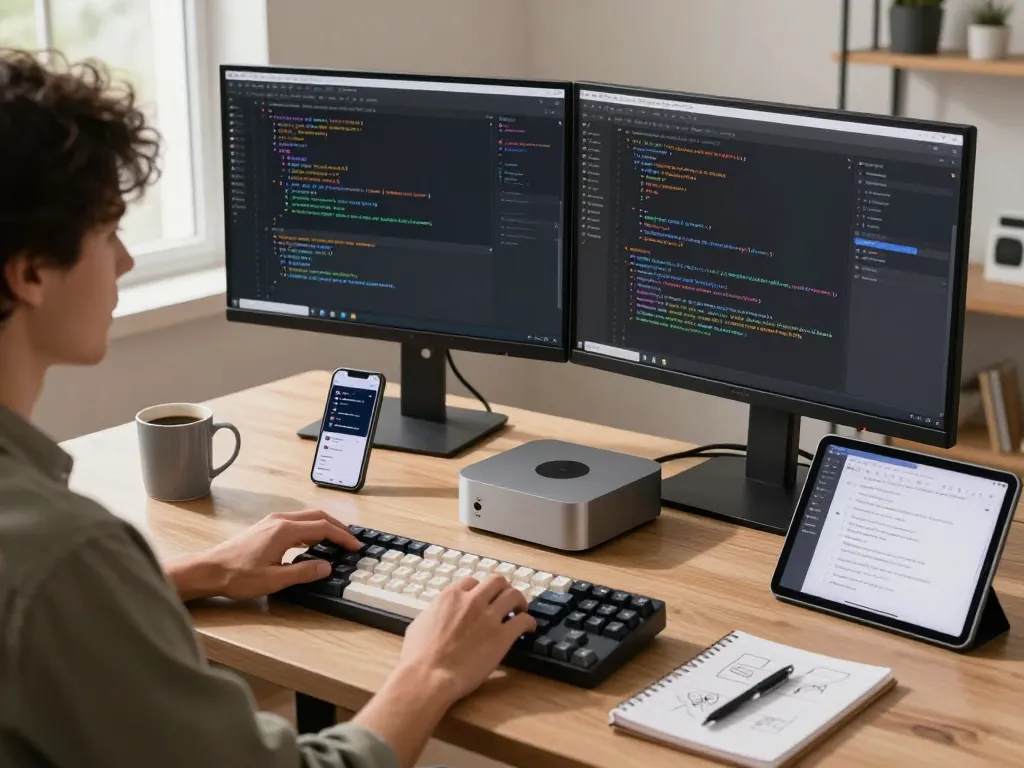 A developer using a Mac Mini in a tech workspace with AI assistant setup and coding activities.