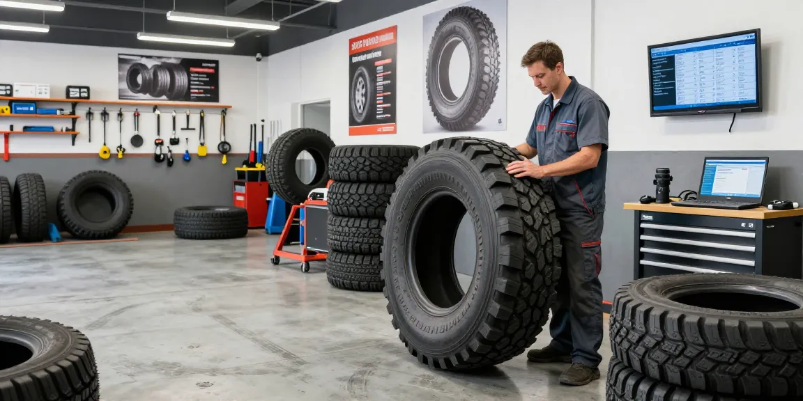 Mechanic inspecting Double Coin RR99 tire in a commercial garage, showcasing tire features and maintenance tools.