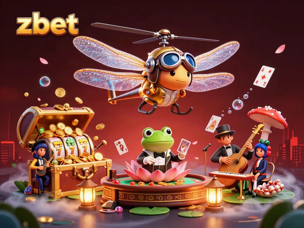 Experience thrilling zbet gameplay with a dynamic casino scene featuring a dragonfly pilot and frog dealer.