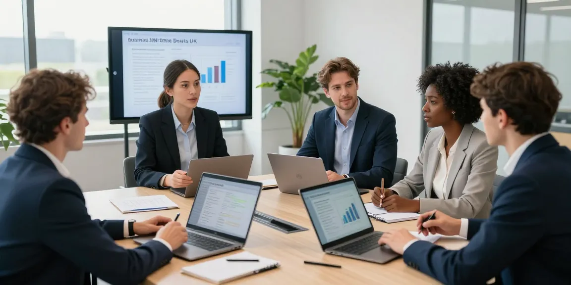 Compare business SIM only deals UK with a professional team analyzing options in a modern conference setting.