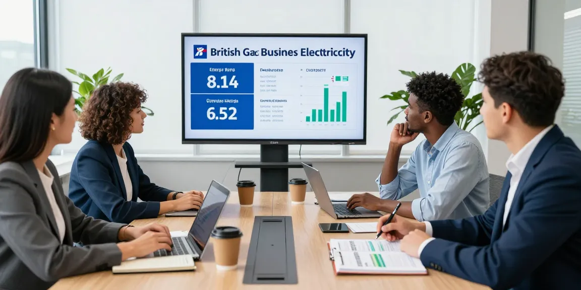 Team discussing british gas business electricity options with charts in a modern office.
