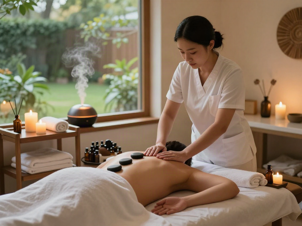 강동구출장마사지 session in a tranquil therapy room with a skilled therapist and soothing ambiance