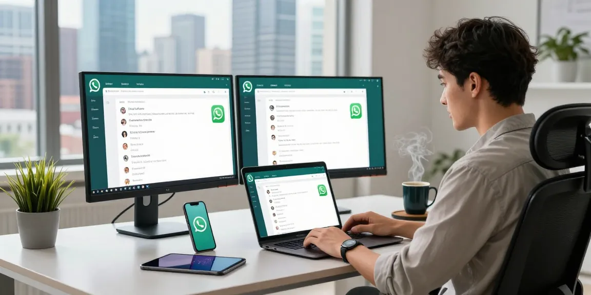 User engaging with WhatsApp網頁版 on a laptop in a modern workspace, surrounded by tech gadgets, reflecting a professional digital communication environment.