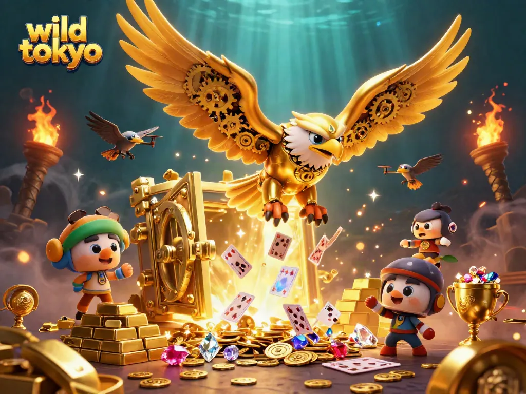 Experience wild tokyo casino thrills with a flying golden eagle diving through holographic cards.