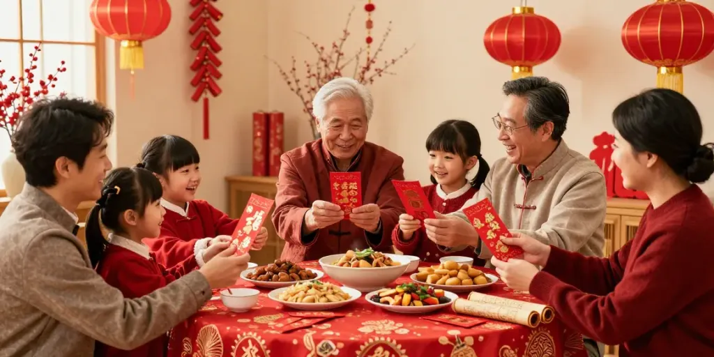 Celebration of Lunar New Year with family exchanging rokok 88 themed red envelopes and traditional decor.