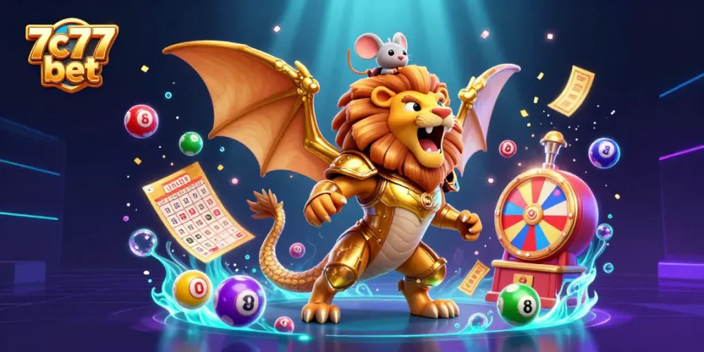 7c77 bet brings thrilling casino excitement with a majestic chimera and energetic lottery elements.