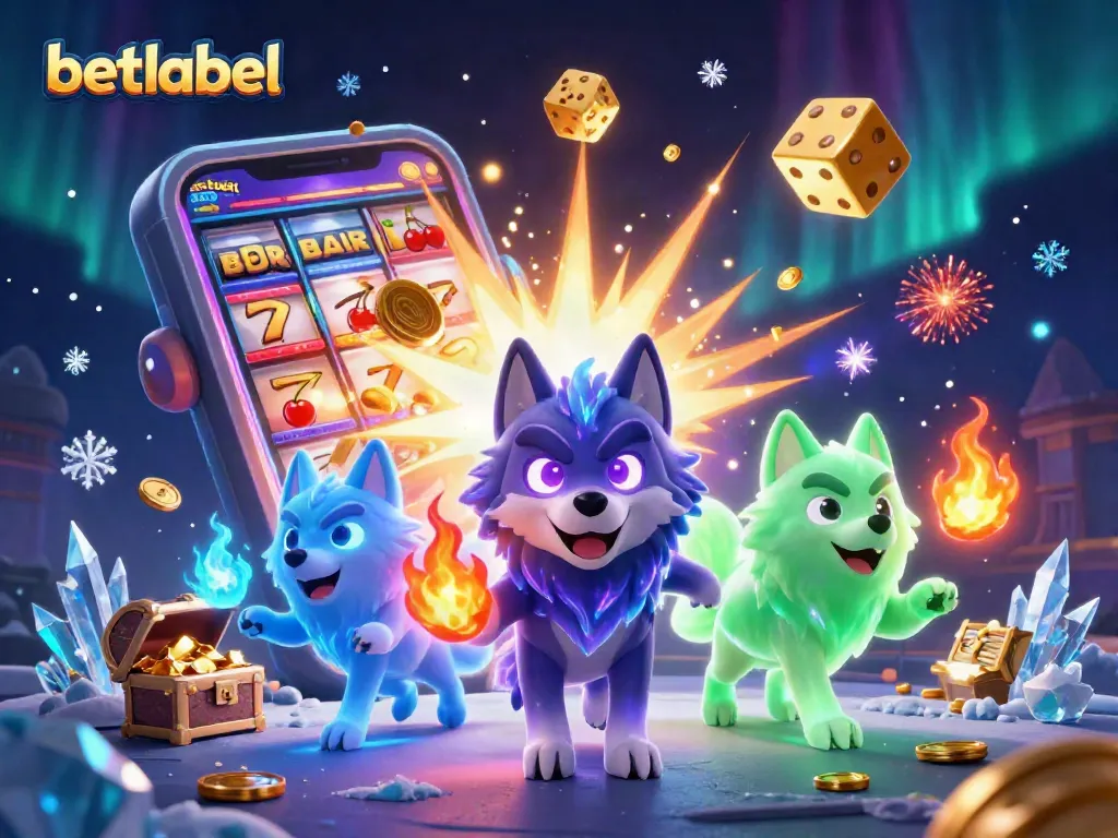 Win big with betlabel at this stunning casino scene featuring wolves and a slot machine.