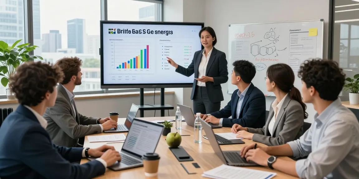Business meeting discussing british gas business gas suppliers with visuals of energy comparisons and strategic planning.