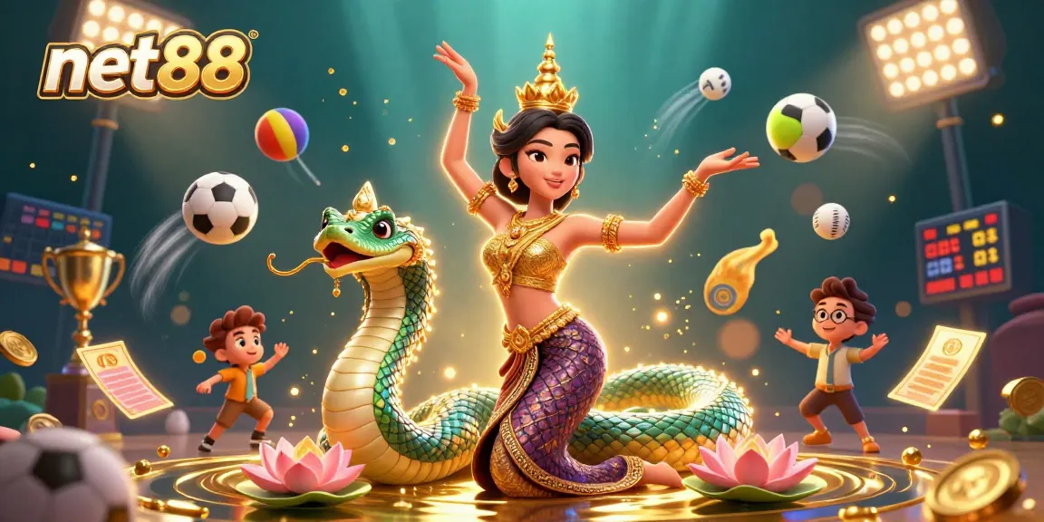 Bet on net88 with an exciting scene of a Thai dancer, Naga serpent, and sports elements