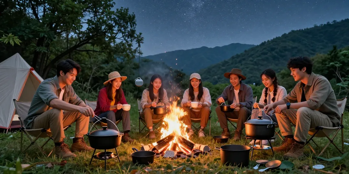 Friends cooking with cast iron gear under the stars during camping, highlighting rokok88 link alternatif.