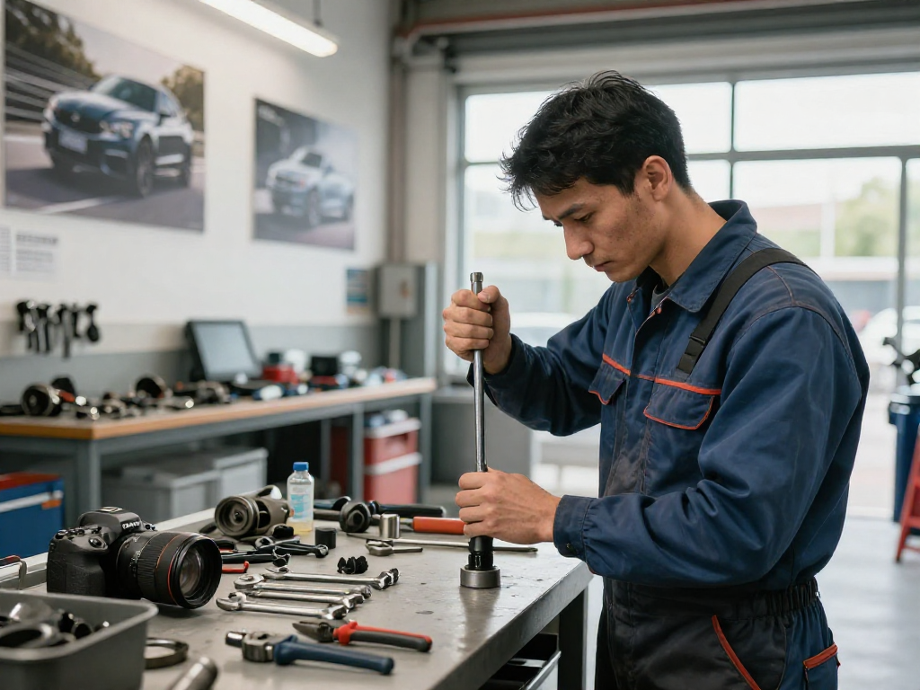 Meccanico utilizza un cacciavite dinamometrico per regolazioni precise in officina