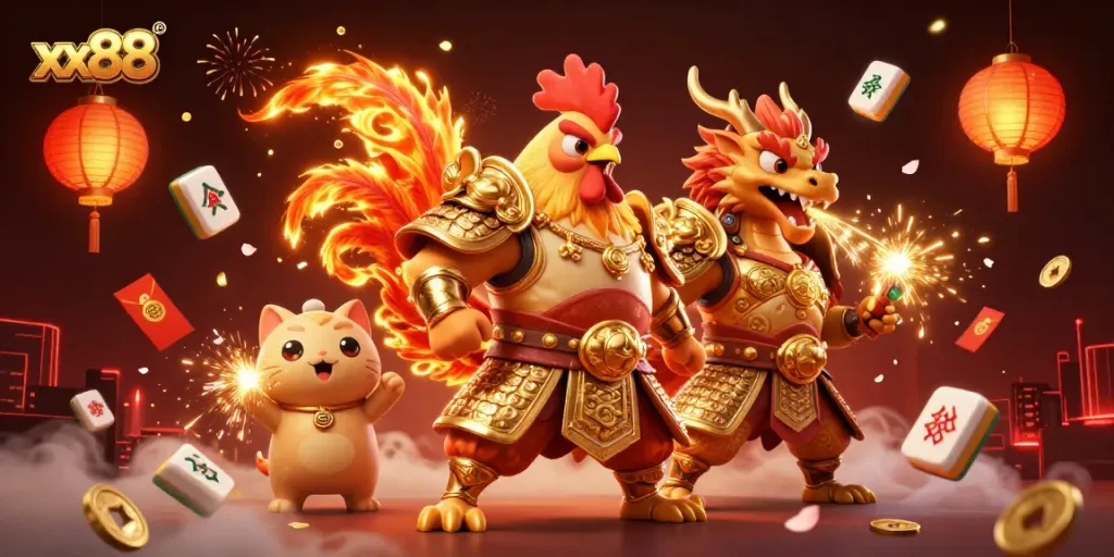 Experience the thrill of xx88 with a gaming scene featuring a warrior and dragon in a vibrant casino setting.