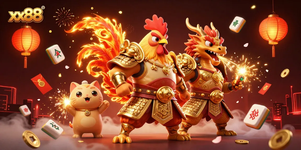 Experience the thrill of xx88 with a gaming scene featuring a warrior and dragon in a vibrant casino setting.