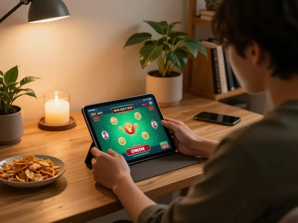 Xóc đĩa là gì? Person engaging in online casino gaming at home with tablet