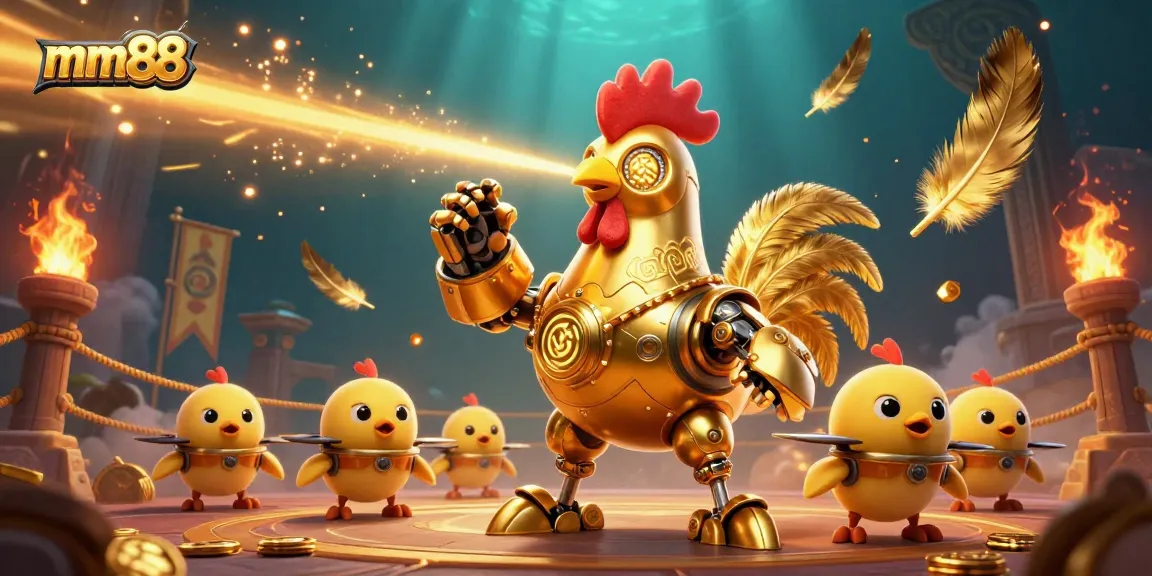 Experience dynamic mm88 gaming with a golden rooster robot and baby chick drones amid a vibrant casino backdrop.