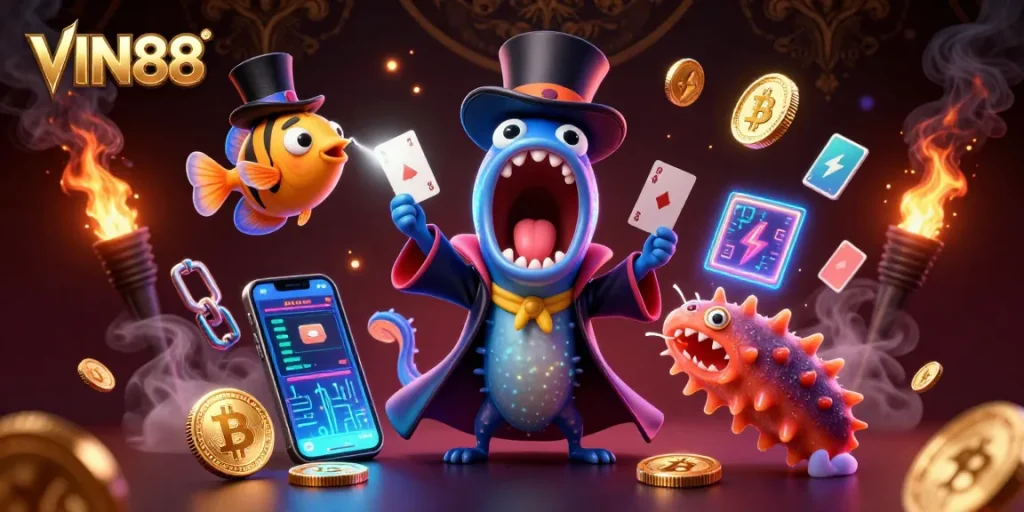 Experience thrilling card tricks with bioluminescent eel and anglerfish at VIN88 casino.