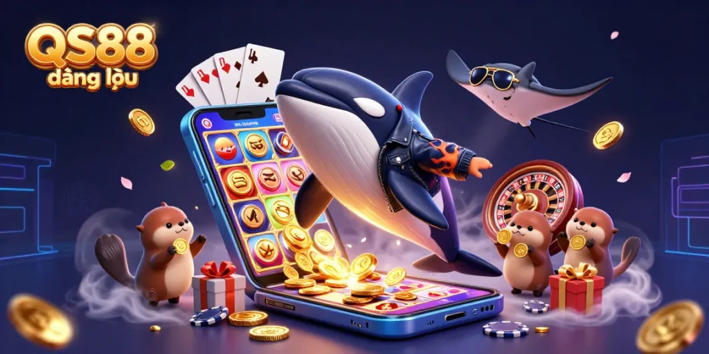 Engage with QS88 đăng nhập by playing immersive casino games, with vibrant characters and golden coins enriching the scene.