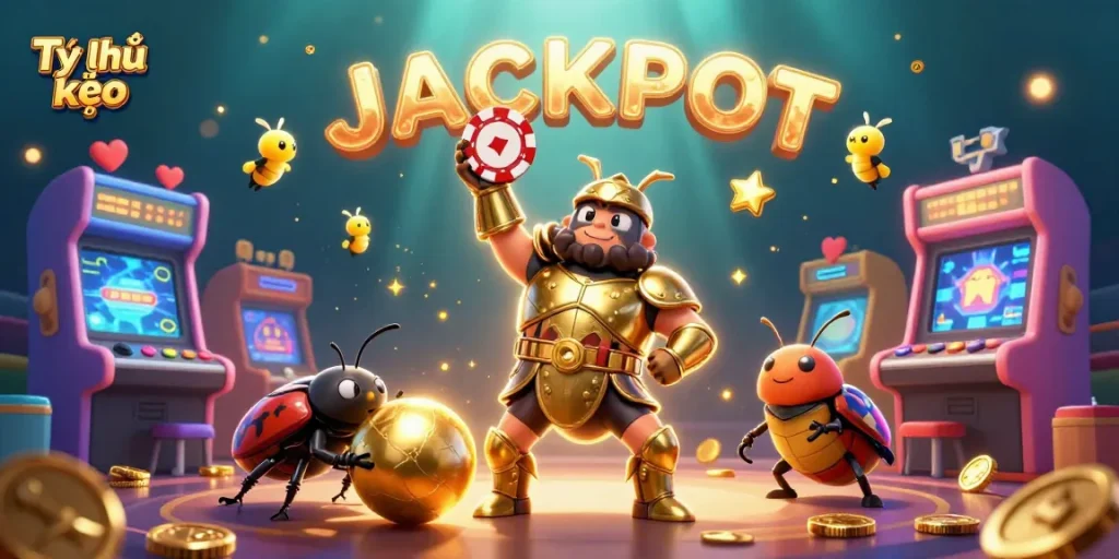 Tỷ lệ kèo illustrated as vibrant 3D beetles celebrating and playing with poker chips, showcasing casino excitement.