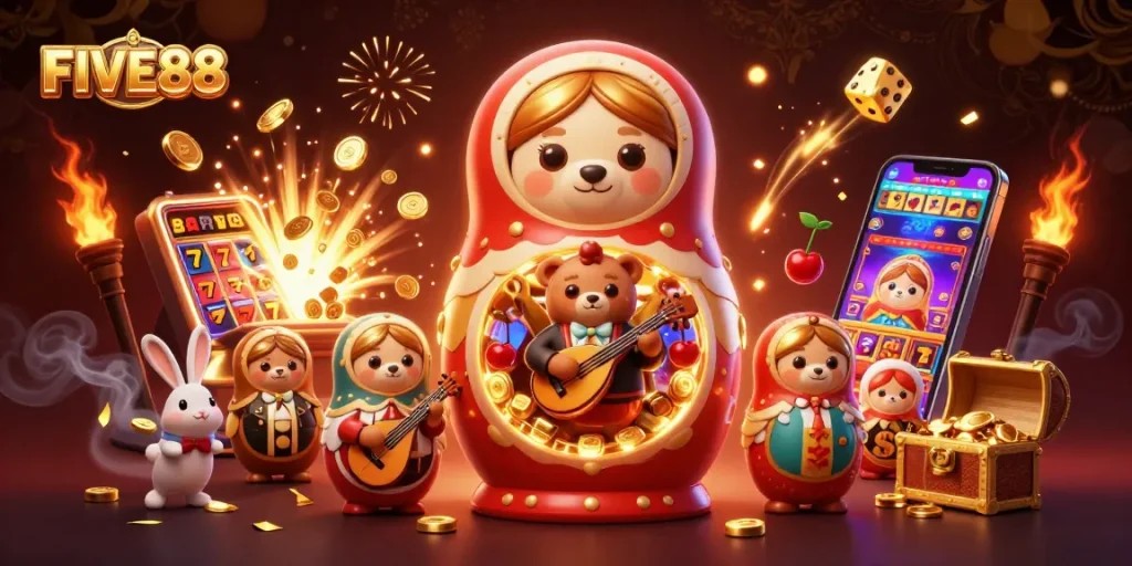 Experience the excitement of FIVE88 with dynamic casino games and lively characters.
