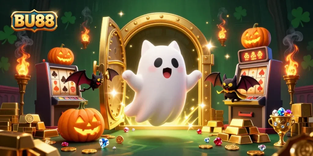 Win big with BU88 in a captivating haunted casino scene featuring gold and gems.