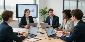 Compare business SIM only deals UK with a professional team analyzing options in a modern conference setting.