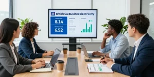 Team discussing british gas business electricity options with charts in a modern office.
