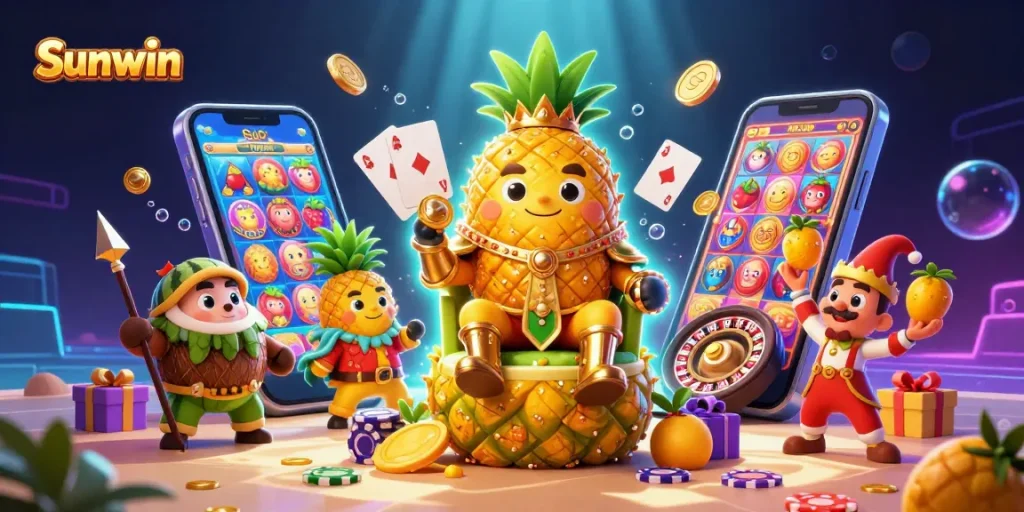 Experience Sunwin's vibrant casino world, featuring a golden pineapple king and lively gaming elements.