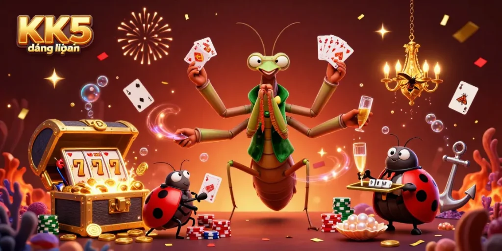 Experience the thrill of winning at KK5 đăng nhập with a vibrant 3D casino illustration filled with excitement.