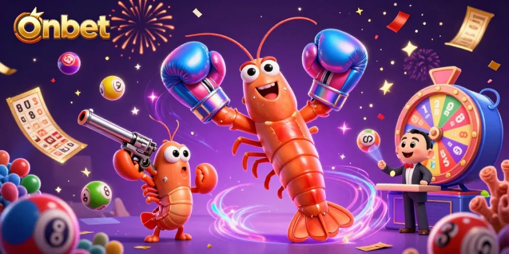 Spin for fun at Onbet with vibrant lottery balls and engaging 3D characters in action.