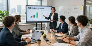 Business meeting discussing british gas business gas suppliers with visuals of energy comparisons and strategic planning.