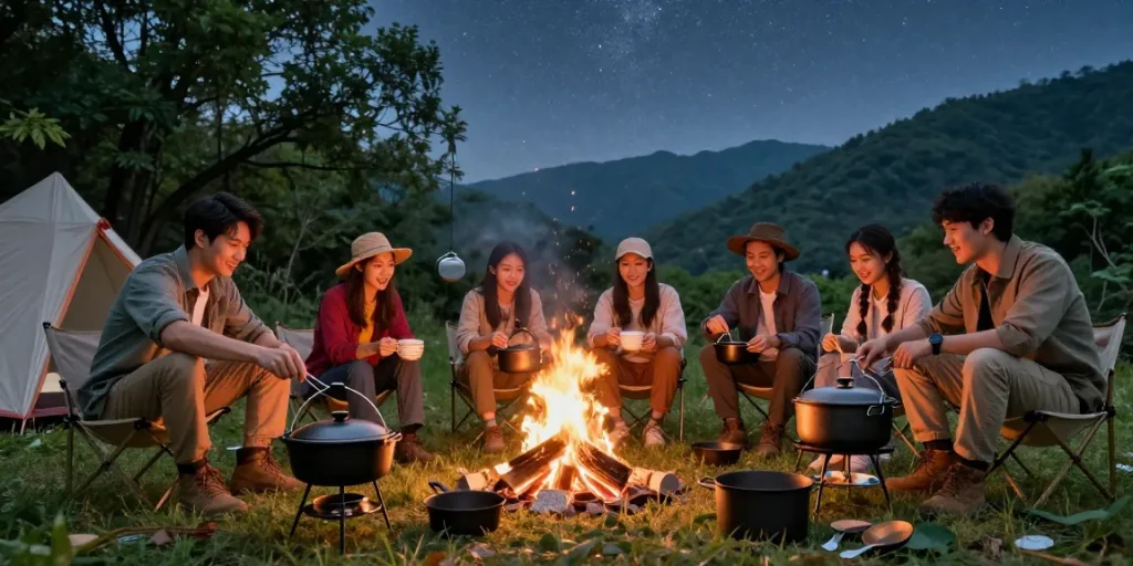 Friends cooking with cast iron gear under the stars during camping, highlighting rokok88 link alternatif.