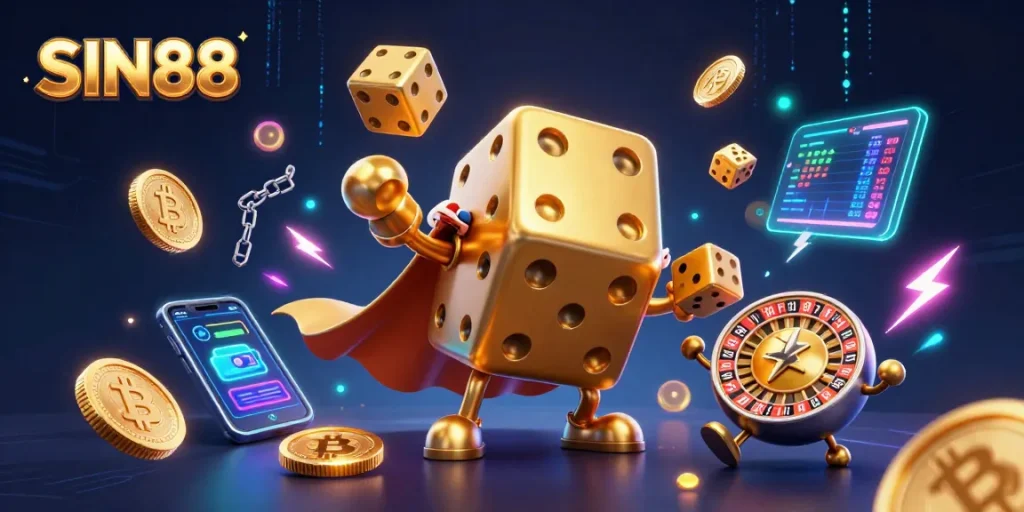 Engage in exhilarating wins at SIN88 with our vibrant 3D casino illustration featuring dynamic characters and gaming elements.