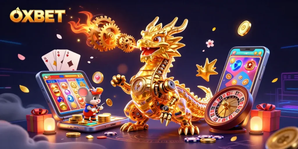 Experience the thrill of OXBET with vibrant gaming elements and a stunning biomechanical dragon in action.