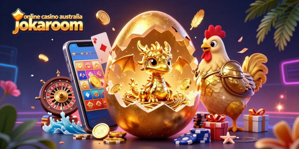 Engaging scene of a golden dragon at the online casino australia jokaroom, surrounded by vibrant gaming elements.