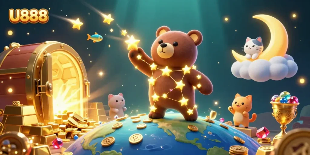 U888 players scoop up coins in a vibrant, fantastical casino scene filled with treasures.