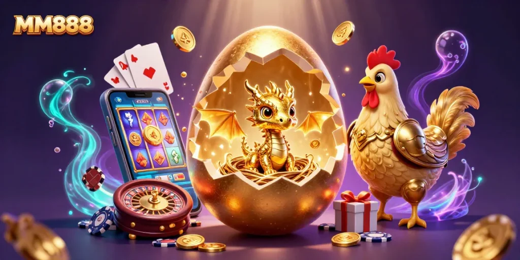 Experience MM888's thrilling golden rewards as the baby dragon emerges from the colossal egg in a captivating casino setting.