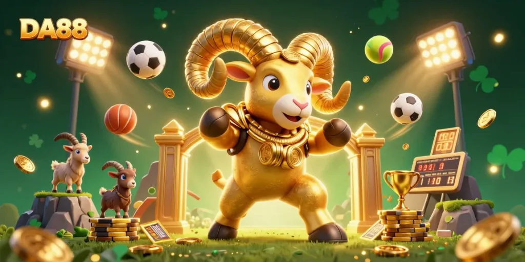 Bet on DA88 and witness golden adventures in an energetic 3D casino illustration.