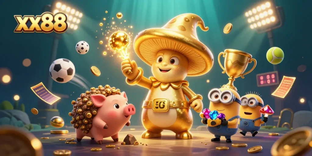Experience the magic of xx88 as vibrant characters create golden winnings and festive energy in a dynamic casino scene.